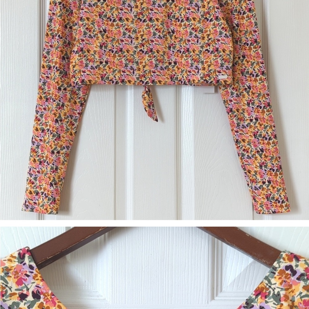 Roxy Floral Printed Long Sleeve Open Tied Back Cropped Rashguard Pastel Rose XL